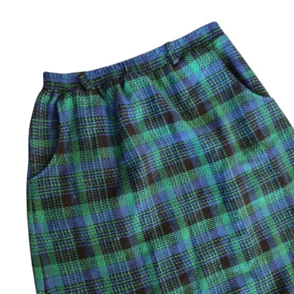 VTG Green Blue Plaid High Rise Pull On Wool Blend Midi Skirt Size 14 (*Large) - Picture 6 of 15